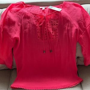 Westport, Coral Pink, Bohemian, 3/4 Length, Ruffled, Bell Sleeve Top, Size Large